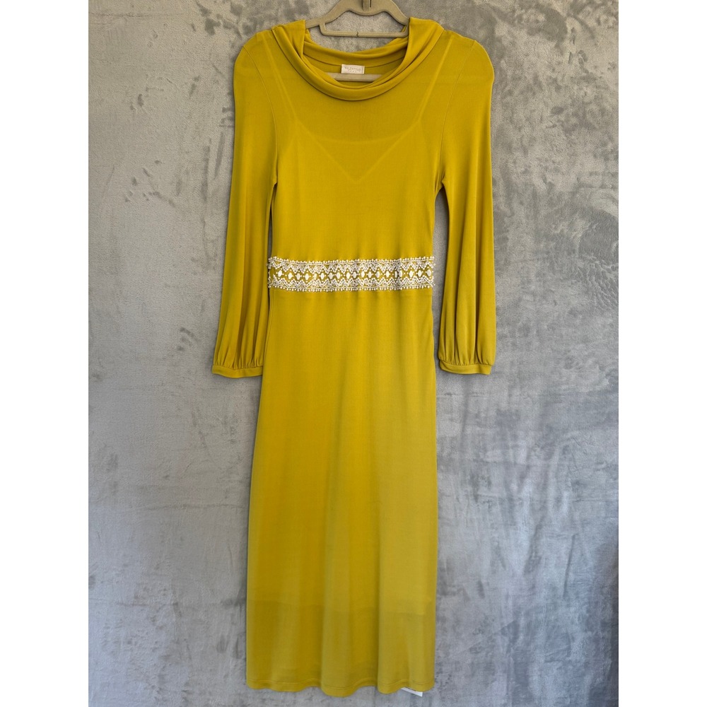 Valentino Roma Vintage Chartreuse Yellow Beaded Cowl Neck Midi Dress XS Small